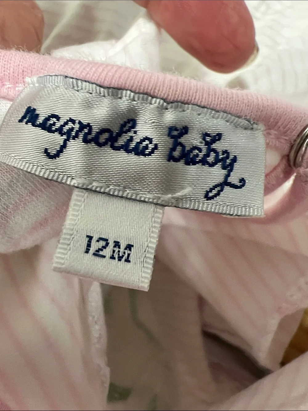 Magnolia Baby pink & white stripe  tiered dress with alligator appliqué 12 Mon